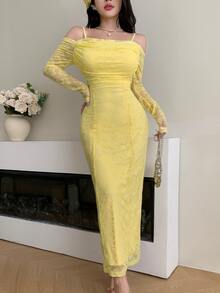 Modelyn Yellow Women's Lace Spaghetti Strap Long Sleeve Plunging Neckline Elegant Party Dress Fall Cloth For Women, Bodycon Formal, Evening - Yellow - View 6