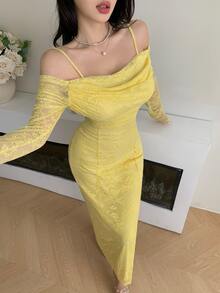 Modelyn Yellow Women's Lace Spaghetti Strap Long Sleeve Plunging Neckline Elegant Party Dress Fall Cloth For Women, Bodycon Formal, Evening - Yellow - View 4