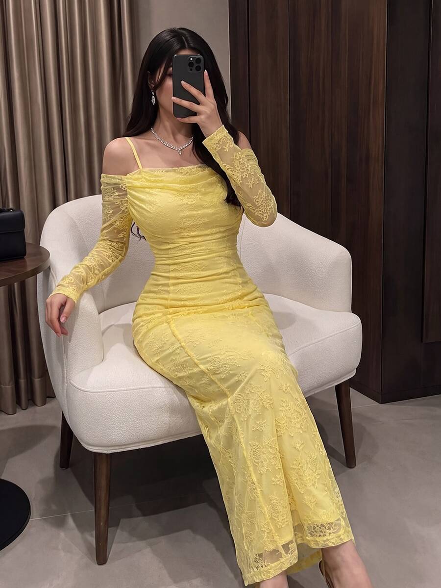 Modelyn Yellow Women's Lace Spaghetti Strap Long Sleeve Plunging Neckline Elegant Party Dress Fall Cloth For Women, Bodycon Formal, Evening - Yellow - View 1