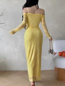 Modelyn Yellow Women's Lace Spaghetti Strap Long Sleeve Plunging Neckline Elegant Party Dress Fall Cloth For Women, Bodycon Formal, Evening - Yellow - View 2