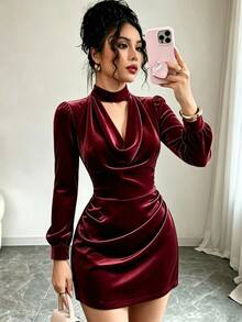 GlowEve Women's Burgundy Velvet Mini Dress, Halter Cowl Neck, Puff Long Sleeve, Ruched Waist, Bodycon Fit, Party Club Dress For Christmas Evening Event - Burgundy - View 8