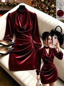 GlowEve Women's Burgundy Velvet Mini Dress, Halter Cowl Neck, Puff Long Sleeve, Ruched Waist, Bodycon Fit, Party Club Dress For Christmas Evening Event - Burgundy - View 1