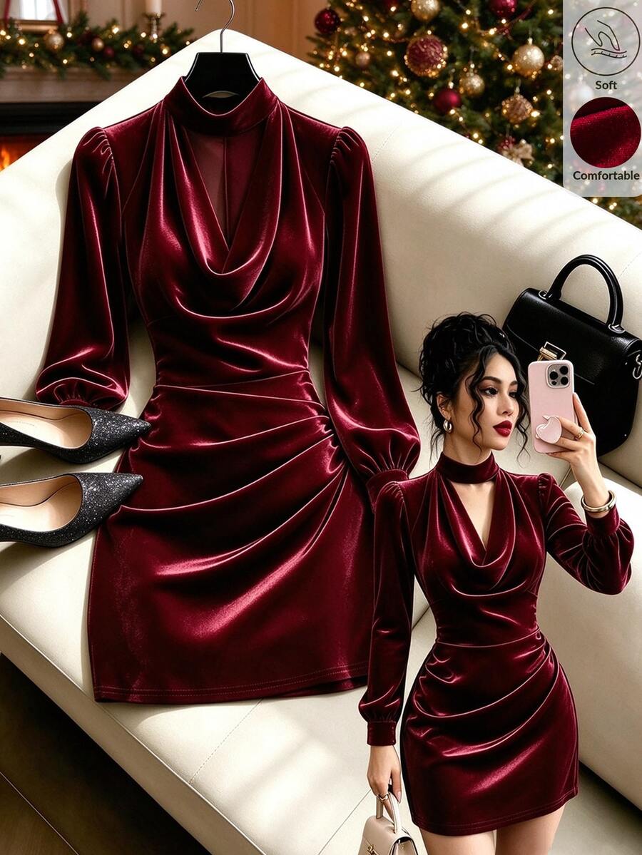 GlowEve Women's Burgundy Velvet Mini Dress, Halter Cowl Neck, Puff Long Sleeve, Ruched Waist, Bodycon Fit, Party Club Dress For Christmas Evening Event - Burgundy - View 1
