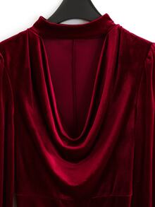 GlowEve Women's Burgundy Velvet Mini Dress, Halter Cowl Neck, Puff Long Sleeve, Ruched Waist, Bodycon Fit, Party Club Dress For Christmas Evening Event - Burgundy - View 7
