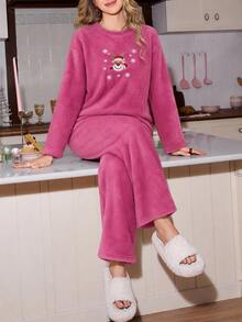 SHEIN Christmas Snowman Embroidery Drop Shoulder Flannel PJ Set - Pink - View 5