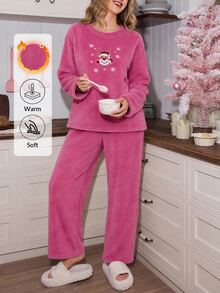 SHEIN Christmas Snowman Embroidery Drop Shoulder Flannel PJ Set - Pink - View 9