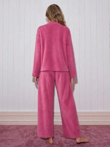 SHEIN Christmas Snowman Embroidery Drop Shoulder Flannel PJ Set - Pink - View 3