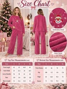 SHEIN Christmas Snowman Embroidery Drop Shoulder Flannel PJ Set - Pink - View 6