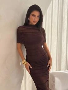 Aloruh Elegant Mesh Ruched Long Dress For Party, Evening, New Year's Eve Fall Clothes For Women Fall/Winter Prom Dresses For Women - Brown - View 1