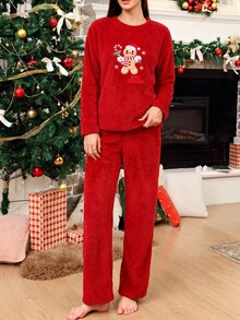 SHEIN Christmas Embroidery Warm Soft Teddy Pajama Set Sleep Red Polka Dots Red Cute Kawaii - Red - View 9