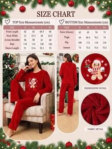 SHEIN Christmas Embroidery Warm Soft Teddy Pajama Set Sleep Red Polka Dots Red Cute Kawaii - Red - View 6