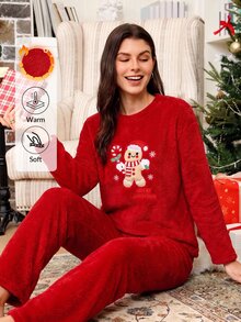 SHEIN Christmas Embroidery Warm Soft Teddy Pajama Set Sleep Red Polka Dots Red Cute Kawaii - Red - View 5