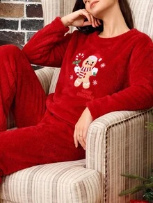 SHEIN Christmas Embroidery Warm Soft Teddy Pajama Set Sleep Red Polka Dots Red Cute Kawaii - Red - View 7