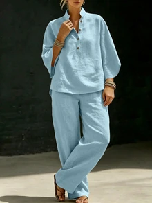 Linhara CURVE Plus Size Button Half-Placket Top And Pants Set Summer Holiday Beach - Blue - View 3