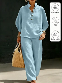Linhara CURVE Plus Size Button Half-Placket Top And Pants Set Summer Holiday Beach - Blue - View 1