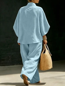 Linhara CURVE Plus Size Button Half-Placket Top And Pants Set Summer Holiday Beach - Blue - View 2