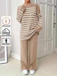 EURMUSE Women Stripe Pattern Round Neck Drop Shoulder Pullover & Sweater Pants Set,Petite Co Ord,Co Ord,Petite,Winter Clothes - Camel - View 1