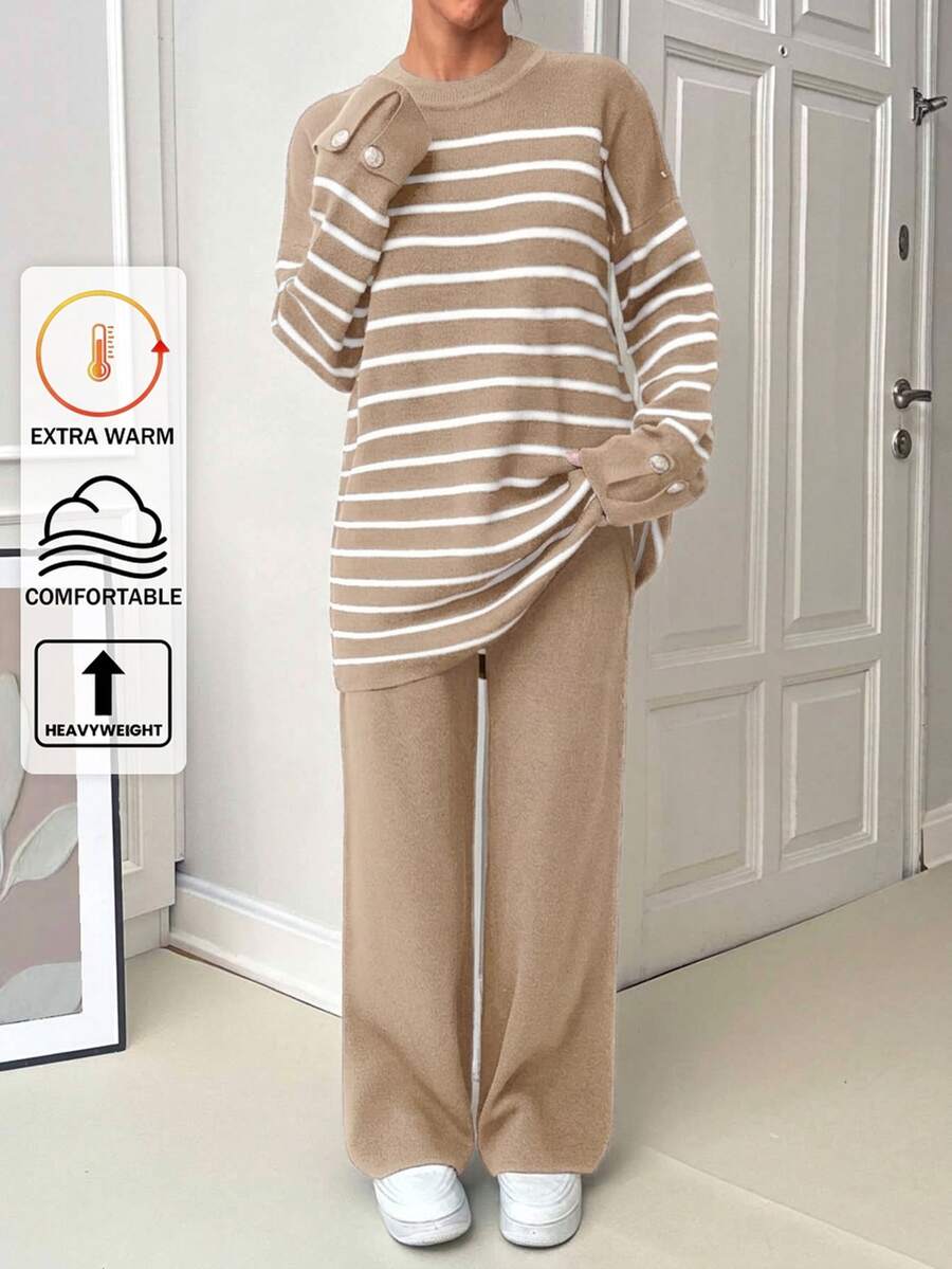 EURMUSE Women Stripe Pattern Round Neck Drop Shoulder Pullover & Sweater Pants Set,Petite Co Ord,Co Ord,Petite,Winter Clothes - Camel - View 1