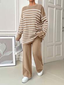 EURMUSE Women Stripe Pattern Round Neck Drop Shoulder Pullover & Sweater Pants Set,Petite Co Ord,Co Ord,Petite,Winter Clothes - Camel - View 5