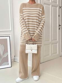 EURMUSE Women Stripe Pattern Round Neck Drop Shoulder Pullover & Sweater Pants Set,Petite Co Ord,Co Ord,Petite,Winter Clothes - Camel - View 6