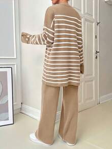 EURMUSE Women Stripe Pattern Round Neck Drop Shoulder Pullover & Sweater Pants Set,Petite Co Ord,Co Ord,Petite,Winter Clothes - Camel - View 4