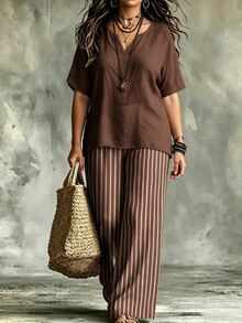 Linhara CURVE Women's Plus Size New Vacation Casual Style, Striped Set + Batwing Sleeve Solid Color Top + Striped Print Wide Leg Pants, 2 Pieces Comfortable Casual Outfit, Set Series - Multicolor - View 1