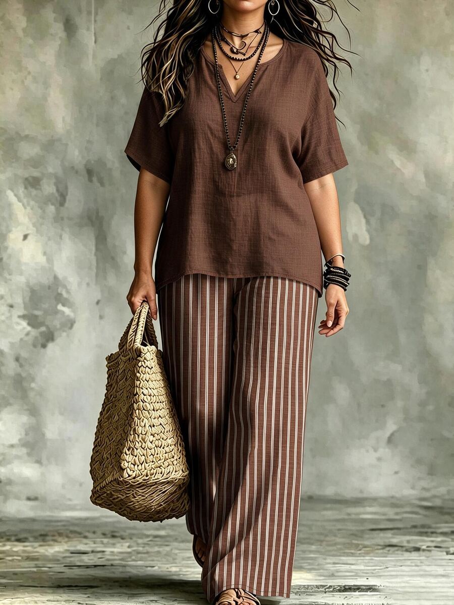 Linhara CURVE Women's Plus Size New Vacation Casual Style, Striped Set + Batwing Sleeve Solid Color Top + Striped Print Wide Leg Pants, 2 Pieces Comfortable Casual Outfit, Set Series - Multicolor - View 1