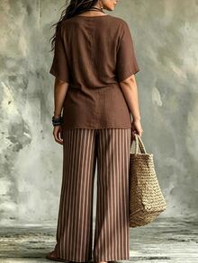 Linhara CURVE Women's Plus Size New Vacation Casual Style, Striped Set + Batwing Sleeve Solid Color Top + Striped Print Wide Leg Pants, 2 Pieces Comfortable Casual Outfit, Set Series - Multicolor - View 2
