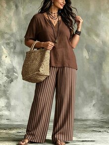 Linhara CURVE Women's Plus Size New Vacation Casual Style, Striped Set + Batwing Sleeve Solid Color Top + Striped Print Wide Leg Pants, 2 Pieces Comfortable Casual Outfit, Set Series - Multicolor - View 3