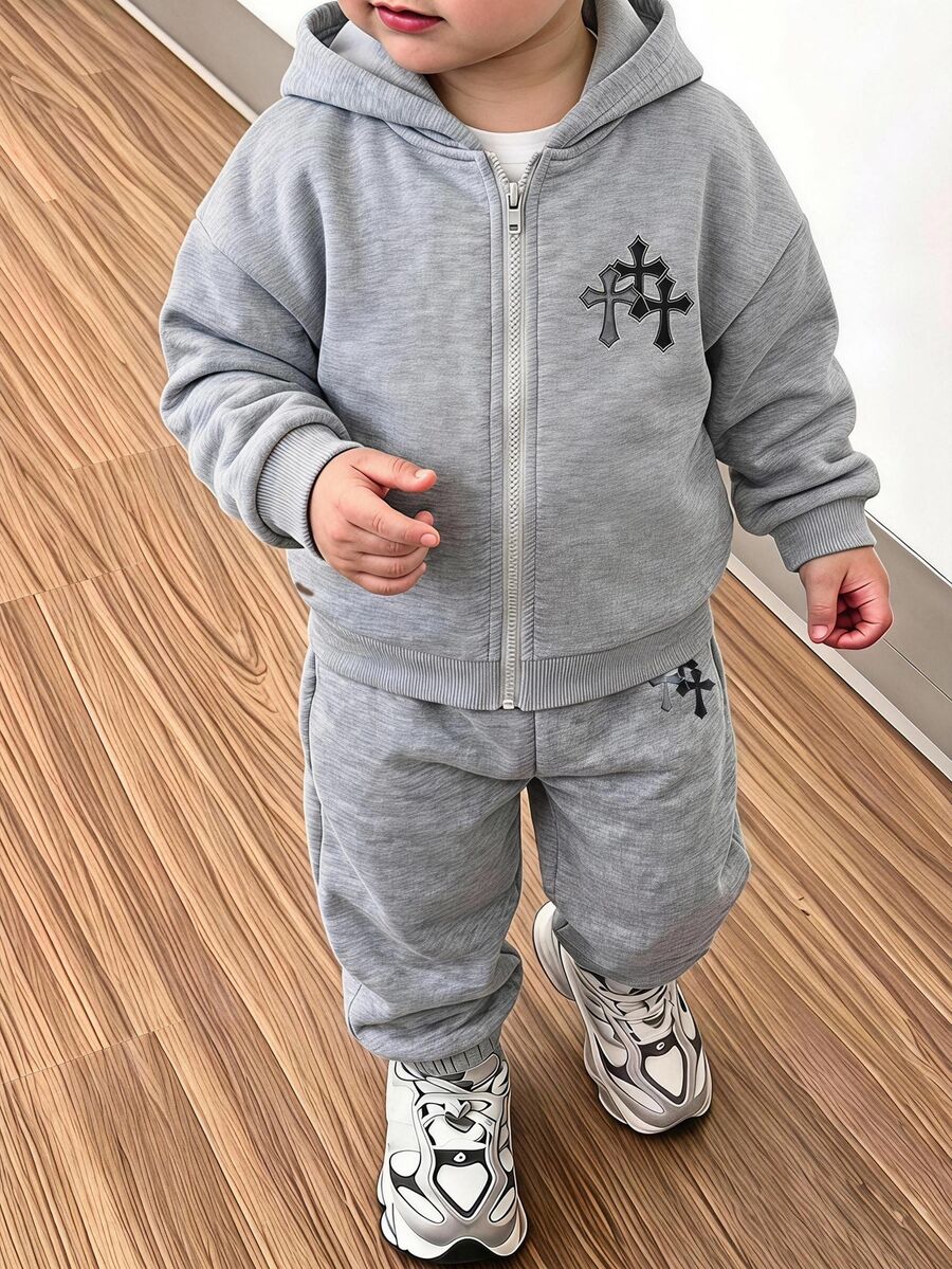 SHEIN 男孩連帽衛衣與長褲套裝,秋冬新款長袖連帽拉鍊衛衣,白色對比色與拼接白色條紋,黑色長褲,舒適休閒穿搭,適合日常穿著、居家穿著、兄弟配對 - 灰色 - 查看 1