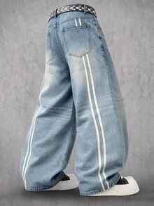 Manfinity Denimwave Gradient Faded Wash Wide Leg Jeans Retro Baggy Loose Fit Streetwear Denim Pants Holiday Casual Trousers Vacation Beach Light Blue Fall - Baby Blue - View 1