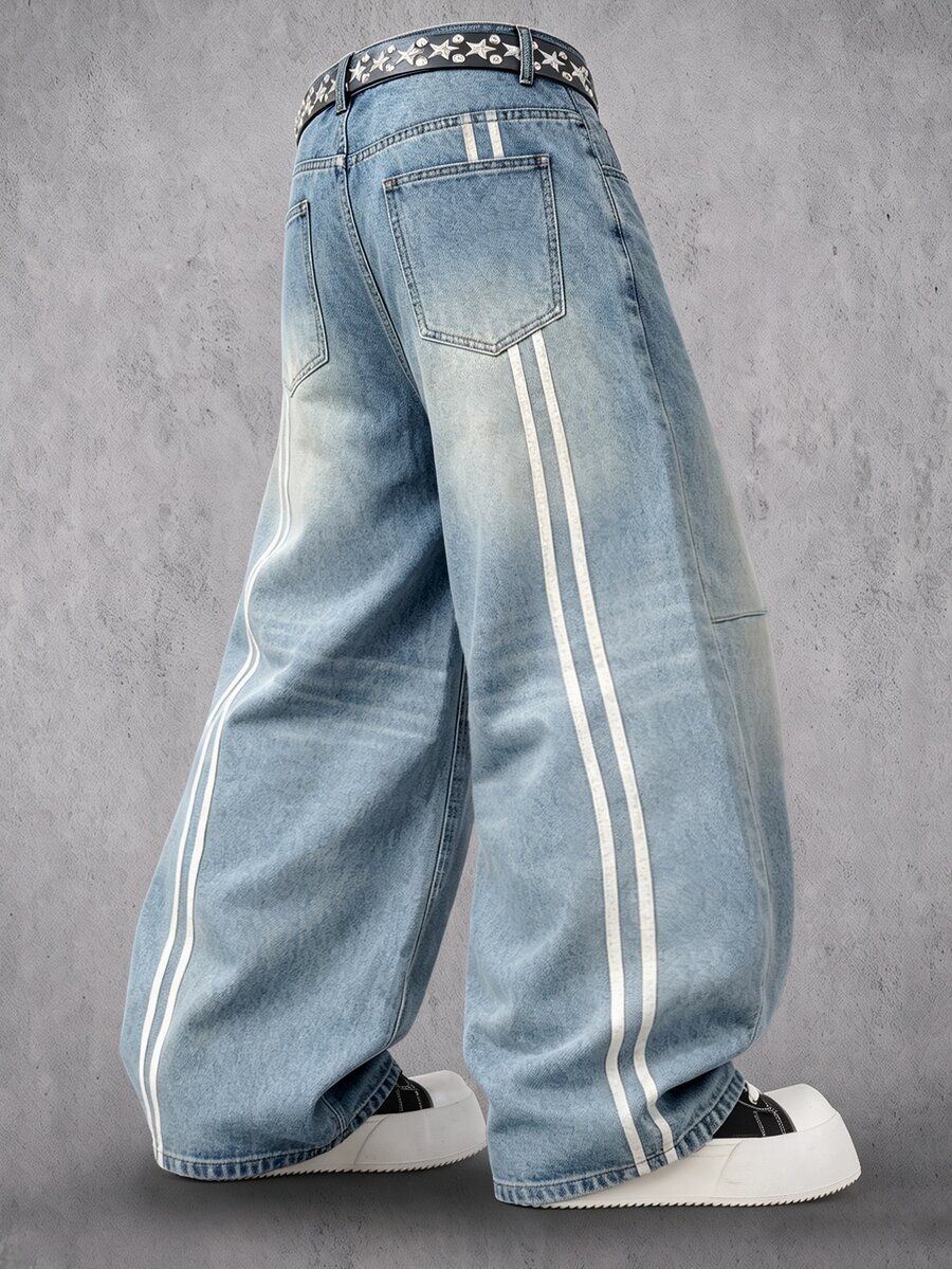 Manfinity Denimwave Gradient Faded Wash Wide Leg Jeans Retro Baggy Loose Fit Streetwear Denim Pants Holiday Casual Trousers Vacation Beach Light Blue Fall - Baby Blue - View 1