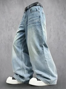 Manfinity Denimwave Gradient Faded Wash Wide Leg Jeans Retro Baggy Loose Fit Streetwear Denim Pants Holiday Casual Trousers Vacation Beach Light Blue Fall - Baby Blue - View 2