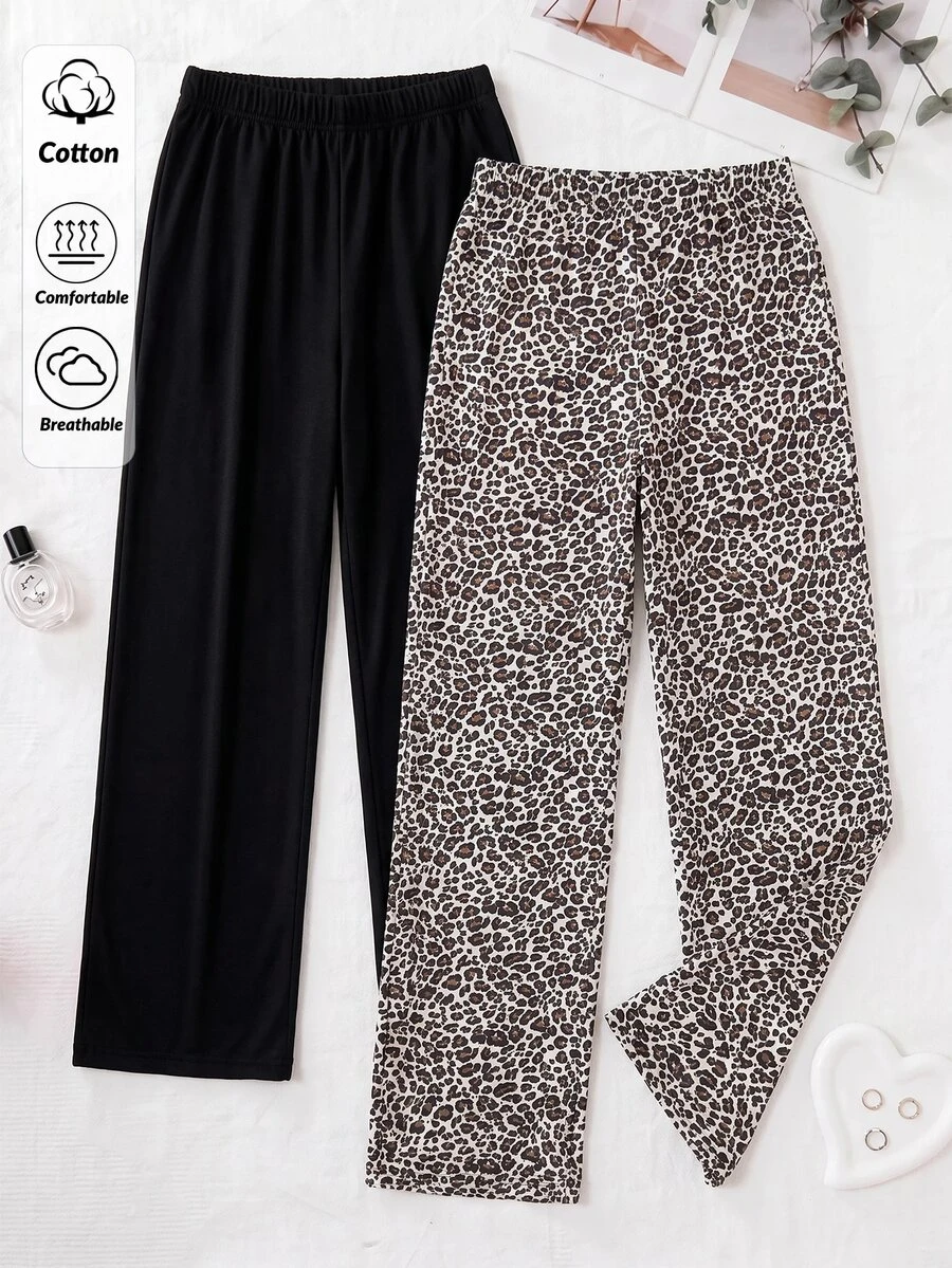 SHEIN Cotton Line Women Leopard Print & Black Solid Multipack Set Multicolor Comfy Pants 2 Pcs Set - Multicolor - View 1