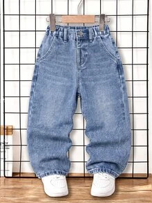Young Boys Vintage Fashion Street Distressed Ripped Versatile Loose Comfortable Light Blue Straight Leg Denim Jeans - Light Wash - View 3