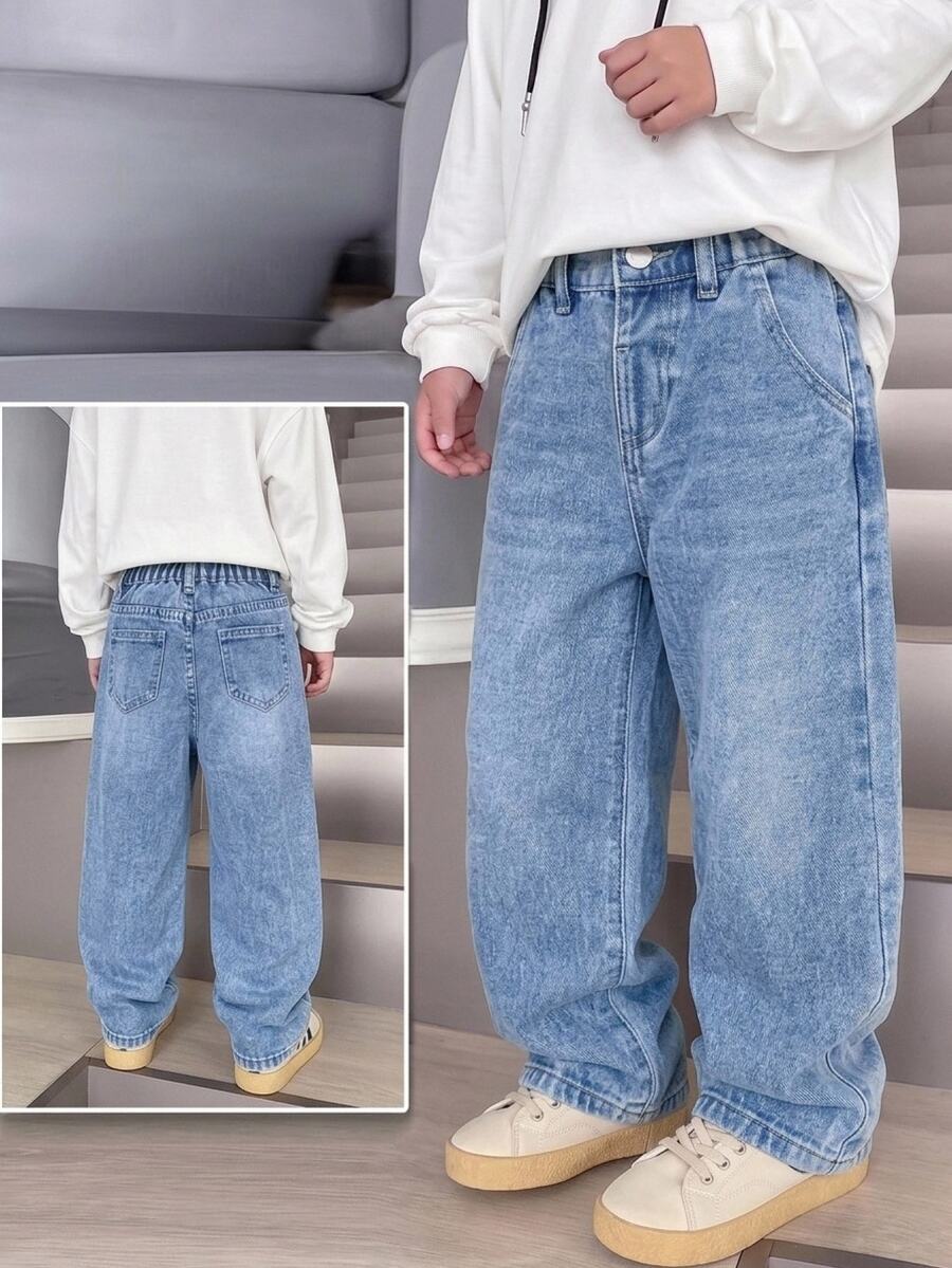 Young Boys Vintage Fashion Street Distressed Ripped Versatile Loose Comfortable Light Blue Straight Leg Denim Jeans - Light Wash - View 1