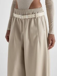 KSTM Wide Leg Faux Leather Pants With Elasticated Waistband Belt Detail High Rise Pleated Palazzo Trousers Fall Winter Occasion - Apricot - View 5