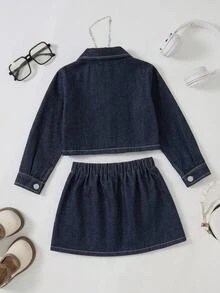 SHEIN Genkimix Kids 2pcs/Set Young Girls Baby Blue Denim Short Jacket And Skirt, Decorated With Bows, Fashionable New Style, Suitable For Spring, Autumn Fall And Winter - Dark Wash - View 5