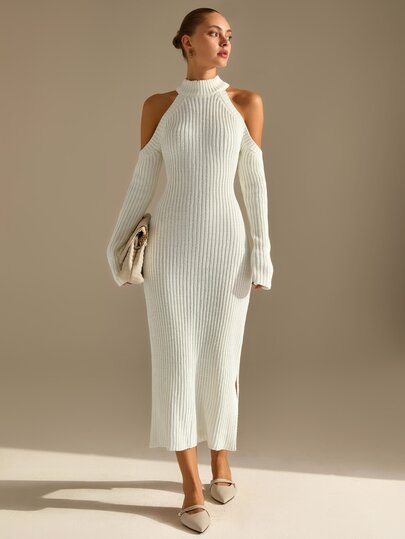 CLARA VERO Off-White Cold Shoulder Knit Midi Dress, Fall Party Dinner Date Night, Turtleneck, Slit Side, Open Sleeve Sexy Elegant New Year Christmas