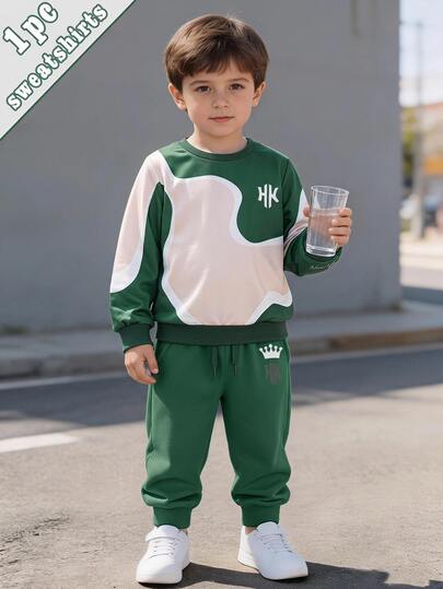 SHEIN Genkimix Kids Sudadera de manga larga casual de uso diario con gráfico de letras y patchwork para niño