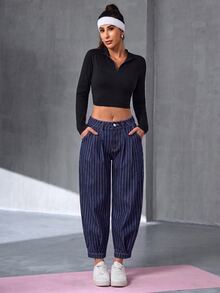 Flexra Women's Striped Pleated Casual Tapered Versatile Denim Jeans - Dark Wash - View 5