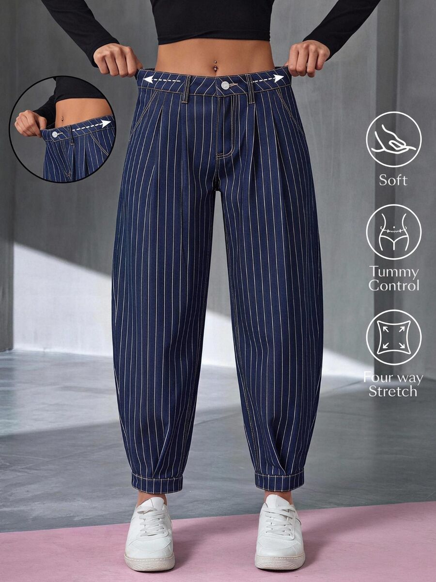 Flexra Women's Striped Pleated Casual Tapered Versatile Denim Jeans - Dark Wash - View 1