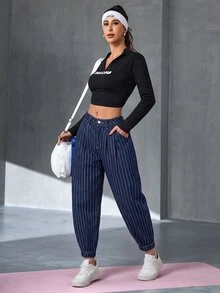 Flexra Women's Striped Pleated Casual Tapered Versatile Denim Jeans - Dark Wash - View 6