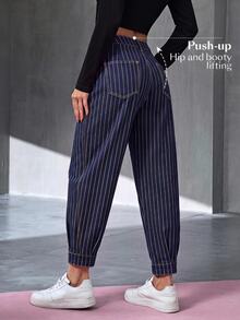 Flexra Women's Striped Pleated Casual Tapered Versatile Denim Jeans - Dark Wash - View 2