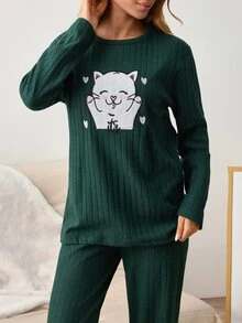 SHEIN 2pcs Cute Cat Heart Print Long Sleeve Pajama Set Soft Rib Knit Round Neck Top & Full Length Lounge Pants Pajama Set Confrot Cute - Green - View 5