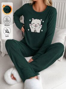 SHEIN 2pcs Cute Cat Heart Print Long Sleeve Pajama Set Soft Rib Knit Round Neck Top & Full Length Lounge Pants Pajama Set Confrot Cute - Green - View 2