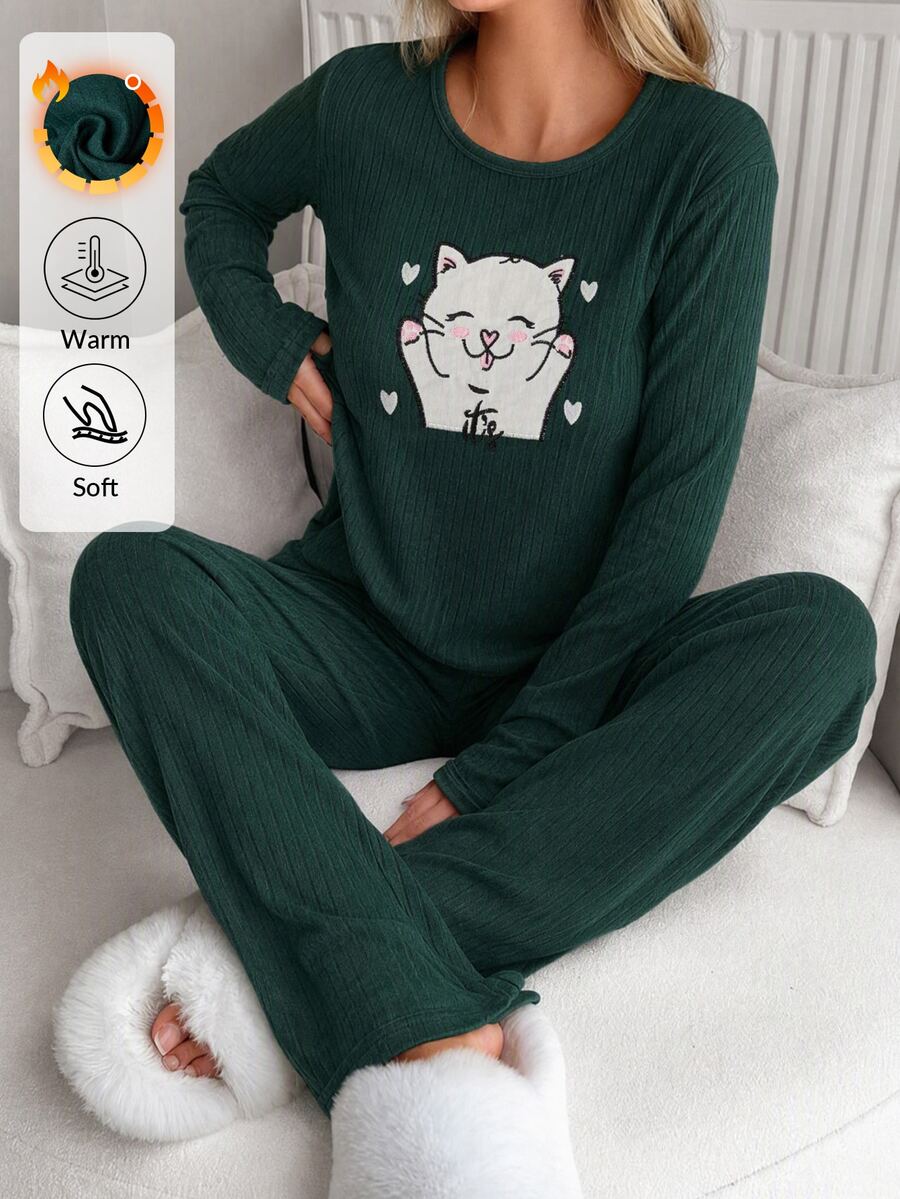 SHEIN 2pcs Cute Cat Heart Print Long Sleeve Pajama Set Soft Rib Knit Round Neck Top & Full Length Lounge Pants Pajama Set Confrot Cute