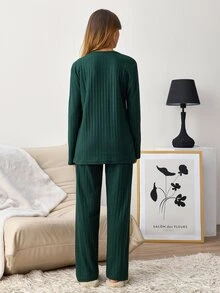 SHEIN 2pcs Cute Cat Heart Print Long Sleeve Pajama Set Soft Rib Knit Round Neck Top & Full Length Lounge Pants Pajama Set Confrot Cute - Green - View 3