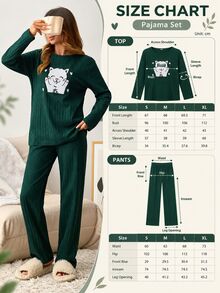 SHEIN 2pcs Cute Cat Heart Print Long Sleeve Pajama Set Soft Rib Knit Round Neck Top & Full Length Lounge Pants Pajama Set Confrot Cute - Green - View 4