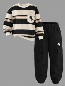 1 Set Digital Print Striped Multicolor Top & Brown Pants Boys Kids Long Sleeve Sweatshirt & Jogger Cargo Pants Outfit Casual Cool - Multicolor - View 2